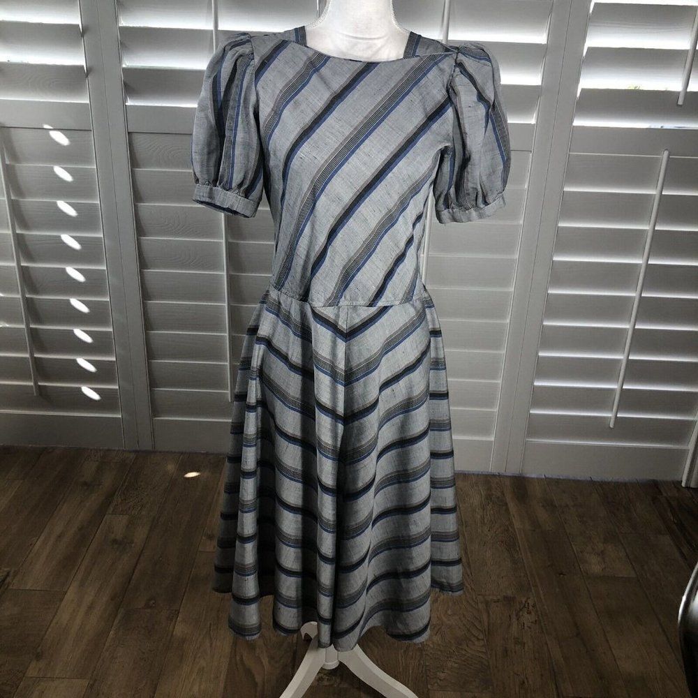Vtg 80s Charlee Allison ElJay Dress S Gray Stripe Puff Sleeve Classic Workwear